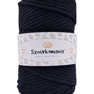 May include: A black cotton cord for macrame and crochet projects. The cord is wound into a ball and has a label that says "Sznurkomania Pasja tworzenia" and "Crochet Cord".