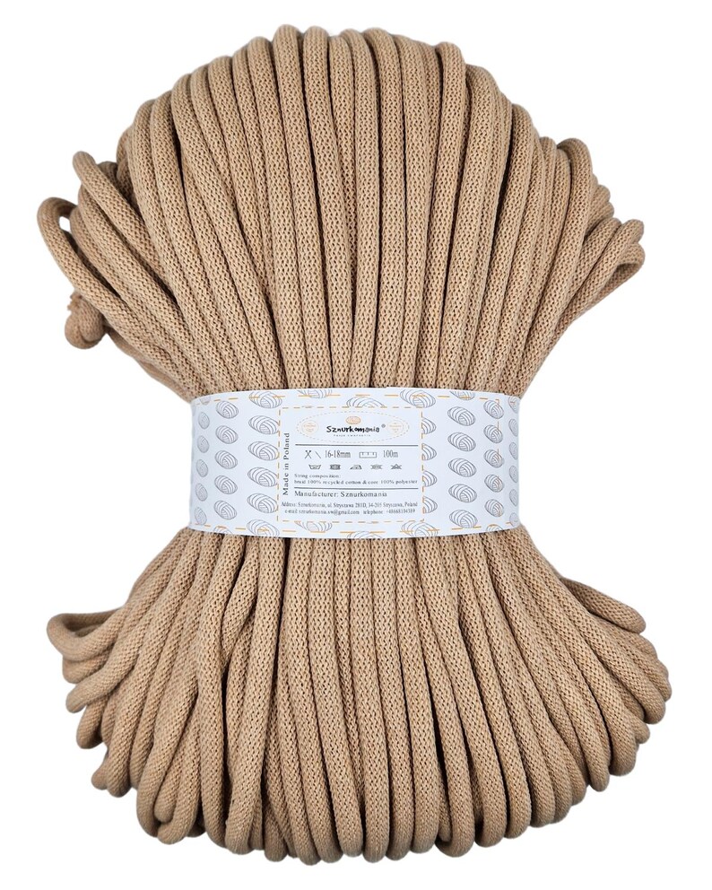 May include: A close-up of a beige cotton rope, wound into a ball. The rope is 5 mm thick and 100 meters long. The label reads "Sznurowanie" and "Made in Poland".