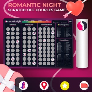 Può includere: Un poster di gioco gratta e vinci per coppie viola scuro intitolato ROMANTIC NIGHT con tre livelli di difficoltà, un elenco di punti extra e posizioni. Il poster include 94 pose, 40 posizioni, 20 punti extra ed è formato A2, con un tubo.
