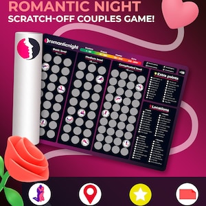 Könnte beinhalten: Ein Romantic Night Rubbelspiel-Poster für Paare mit einem dunkelvioletten Raster und grauen Rubbelfeldern, unterteilt in die Stufen Basic, Medium und Complicated. Das Poster enthält Bereiche für Extrapunkte und Orte sowie ein Rosen-Symbol.