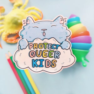 Pride Cat LGBTQ Flag // Autocollant vinyle / Protéger les enfants trans