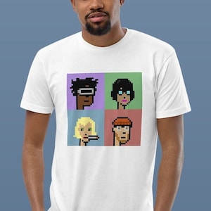 May include: White t-shirt with a pixelated image of four people. The people are in a grid pattern with different colored backgrounds. The people are wearing different clothing and have different hairstyles.