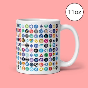 Può includere: Una tazza in ceramica bianca con un design di vari loghi di criptovalute in diversi colori. La tazza ha una capacità di 11 once.