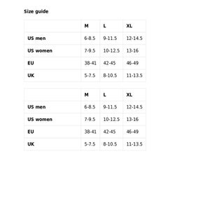 May include: Size guide chart for shoes with measurements in US men's and women's sizes, EU sizes, and UK sizes. The chart shows sizes for M, L, and XL.