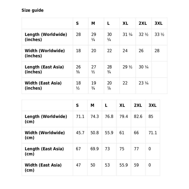 May include: Size guide chart for clothing with measurements in inches and centimeters. The chart shows the length and width of clothing in both worldwide and East Asian sizing. The chart includes sizes S, M, L, XL, 2XL, and 3XL.