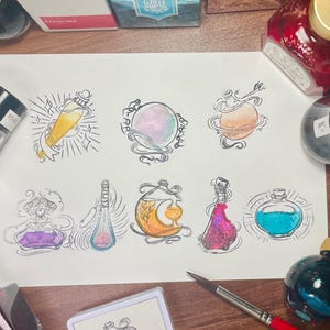 May include: A white sheet of paper with nine hand-drawn illustrations of bottles and jars with colorful liquids. The bottles and jars are surrounded by swirls and stars. The paper is surrounded by various bottles of ink in different colors and shapes.