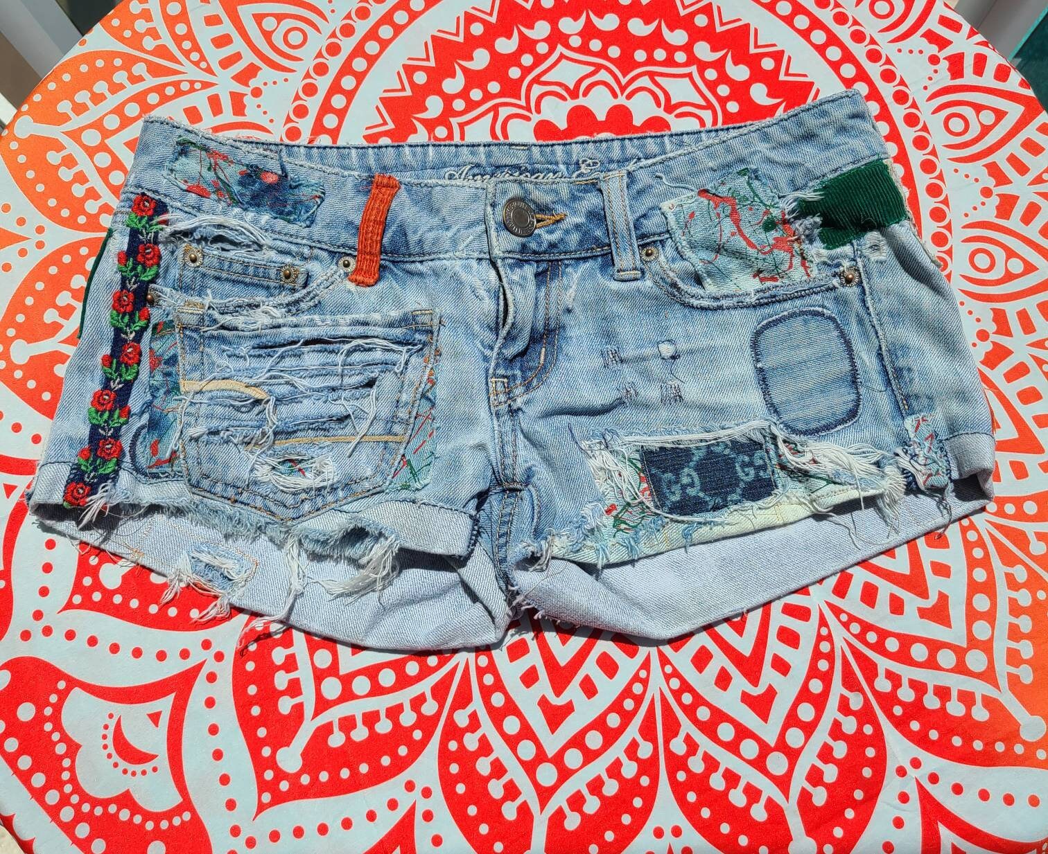 Upcycled denim jean shorts with corduroy paint splatter art | Etsy