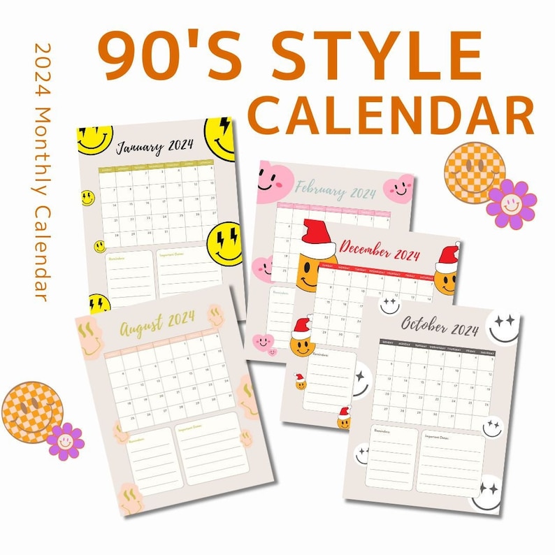 2024 90's Smiley Face Inspired Calendar Printable Plan for the Year Etsy