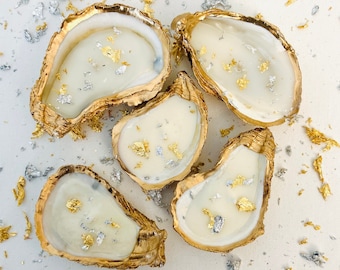 Set of 10 Silver and Gold Flaked with Gold Trim Oyster Shell Candles, Wedding Favors, Wedding Candles, Wedding Gifts, Gifts for her, Gifts