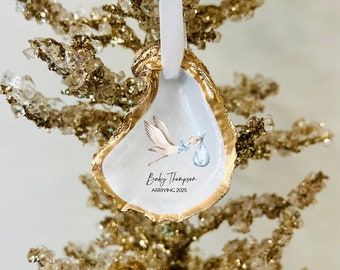 Baby Stork Announcement Ornament, Oyster Shell Ornaments, Baby Shower Gifts, Shower Gifts, Baby Boy Gift, Baby Boy Ornament, Christmas Gifts