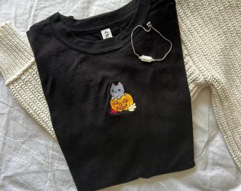 Embroidered Cat in Pumpkin T-Shirt - Halloween Cotton Tee