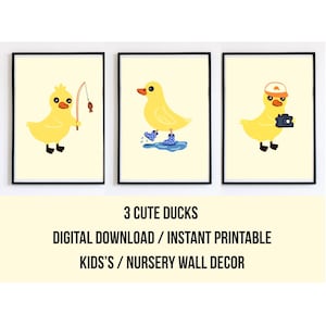 Cute Duck Art Bundle | 3 Printable Duck Wall Art Prints | Nursery Room Decor | Digital Download for Kids Room | Baby Animal Art