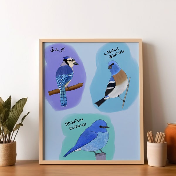 Blaue Vögel Kunstdruck, Vögel Wandkunst