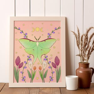 Poster Luna Moth, elegante natuurillustratie, levendige insectenmuurkunst, nachtvlinderprint