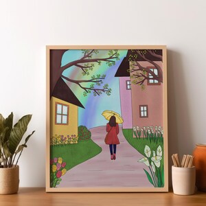 Girl in Rain Art Print: Rainbow Umbrella Illustration (Digital Download A3/A4 JPGs)