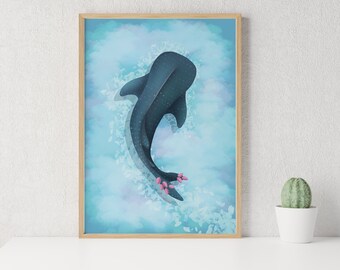 Whale Shark Wall Art Printable – Dreamy Cloudy Ocean Nursery Decor for Kids, Girls Room, Digital Download, Underwater Animal Print