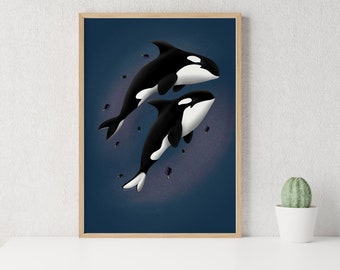 Orca Whale Art Print | Underwater Marine Life with Tang Fish