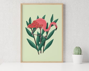 Flamingo Art Print, Pink Bird Wall Art, Tropical Home Decor, Manta's Corner Illustration