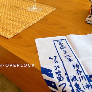 Pu&ograve; includere: Tessuto bianco con testo e design blu. Il testo dice "国鉄三十六条 神奈川県 中区"