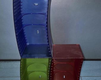 Kolumna stojaka na płyty CD DVD, 3-częściowa, w kształcie fali, wielokolorowa, czerwona, niebieska, zielona, półprzezroczysta, 60 miejsc (120 w wersji wąskiej), również do montażu na ścianie