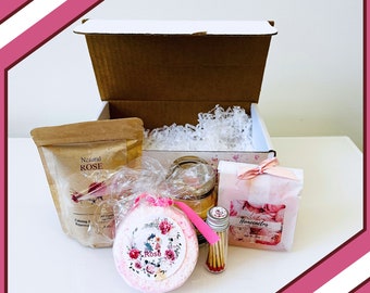 Rose  Spa Gift Box: Soap, Bath Salts, Shower Steamer & Soy Candle