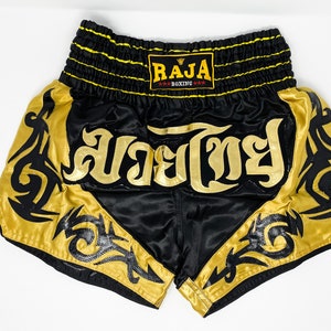 Black - Gold Satin Muay Thai Shorts for adult Made in Thailand