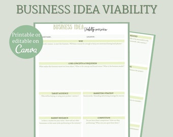 2 Pages Business Idea plan - Business viability worksheet - Start a business - Printable PDF file - Editable on Canva - Digital download