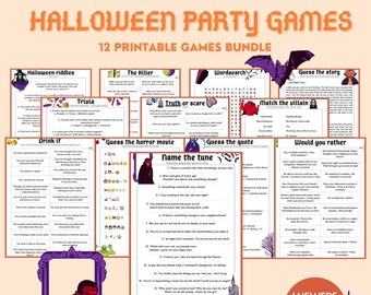 May include: A bundle of 12 printable Halloween party games. The games include riddles, trivia, word searches, and more. The image features a purple frame with a vampire illustration and a bat graphic.