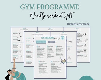 Wekelijks gymplan - Krachttraining - Gymprogramma - Wekelijkse gymsplit - Digitaal bestand - PDF - Afdrukbaar - Oefengids - Gymgids