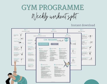 Plano semanal de ginástica - Treinamento de força - Programa de ginástica - Divisão semanal de ginástica - Arquivo digital - PDF - Para imprimir - Guia de exercícios - Guia de ginástica