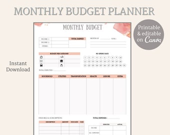 Planejador de orçamento mensal - Planejador financeiro - Rastreador de despesas - Planejamento financeiro - Planejador editável - Planejador para impressão - Canva -Arquivo PDF - A4