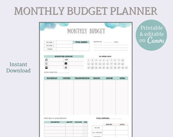 Monthly Budget Planner - Finance planner - Expense tracker - Money planning - Editable planner - Printable planner - Canva -PDF file - A4