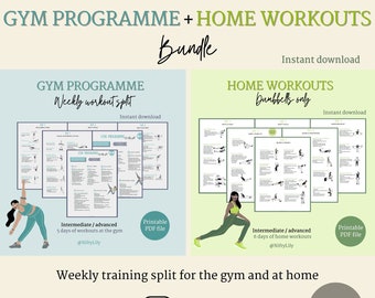 Paquete de programa de gimnasio + Entrenamientos en casa - Planes de entrenamiento semanales - Entrenamiento de fuerza - Programas de acondicionamiento físico - Levantamiento de pesas - Fitness - Archivos PDF
