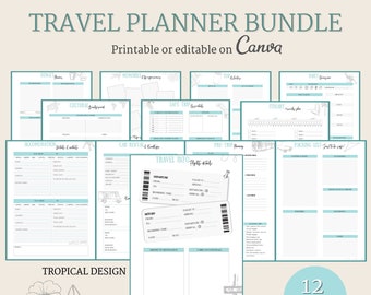 International travel planner bundle - Digital planner - Tropical - Digital download - Printable and editable - PDF- A4 - Wanderlust - Travel