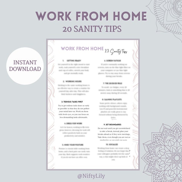 Remote working wellness tips - Self care, work from home - Work organization - WFH - tips Digital PDF file- A4