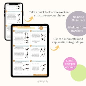 K&ouml;nnte beinhalten: Ein digitales Tablet zeigt eine Trainingsroutine mit Illustrationen und Anweisungen. Das Training ist mit "Full Body Hit 4" betitelt und beinhaltet &Uuml;bungen wie "Low Impact Burpee", "Reverse Plank Toe Touches", "Tricep Extension + Step Back", "Side Lunge + Elbow to Knee", "Shoulder Taps + Toe Taps" und "Half Burpee". Der Text "No Noise, No Impact, Workout from Anywhere" wird auf der rechten Seite des Bildes angezeigt.