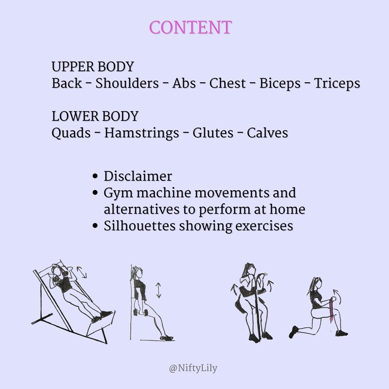 May include: A diagram showing exercises for the upper and lower body. The upper body exercises include back, shoulders, abs, chest, biceps, and triceps. The lower body exercises include quads, hamstrings, glutes, and calves. The diagram also includes a disclaimer that the exercises are gym machine movements and alternatives to perform at home. Silhouettes showing exercises are included.