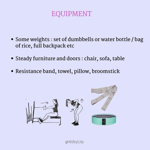 May include: A list of equipment for a home workout, including dumbbells, water bottles, chairs, sofas, tables, resistance bands, towels, pillows, and broomsticks. The image also shows two illustrations of people doing exercises.