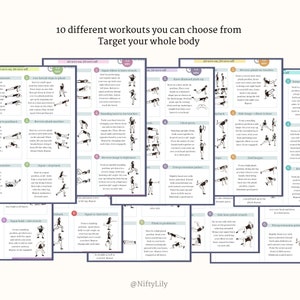 K&ouml;nnte beinhalten: Eine Collage aus 10 verschiedenen Trainingseinheiten, jede mit einem Titel und einer Reihe von Illustrationen, die die Schritte f&uuml;r jede &Uuml;bung zeigen. Die Trainingseinheiten beinhalten &Uuml;bungen wie Plank to Pushbacks, Squat Elbow to Knee Crunch und Side Knee Plank Crunch. Der Text "10 verschiedene Workouts, aus denen Sie w&auml;hlen k&ouml;nnen, um Ihren ganzen K&ouml;rper zu trainieren" erscheint oben in der Collage.