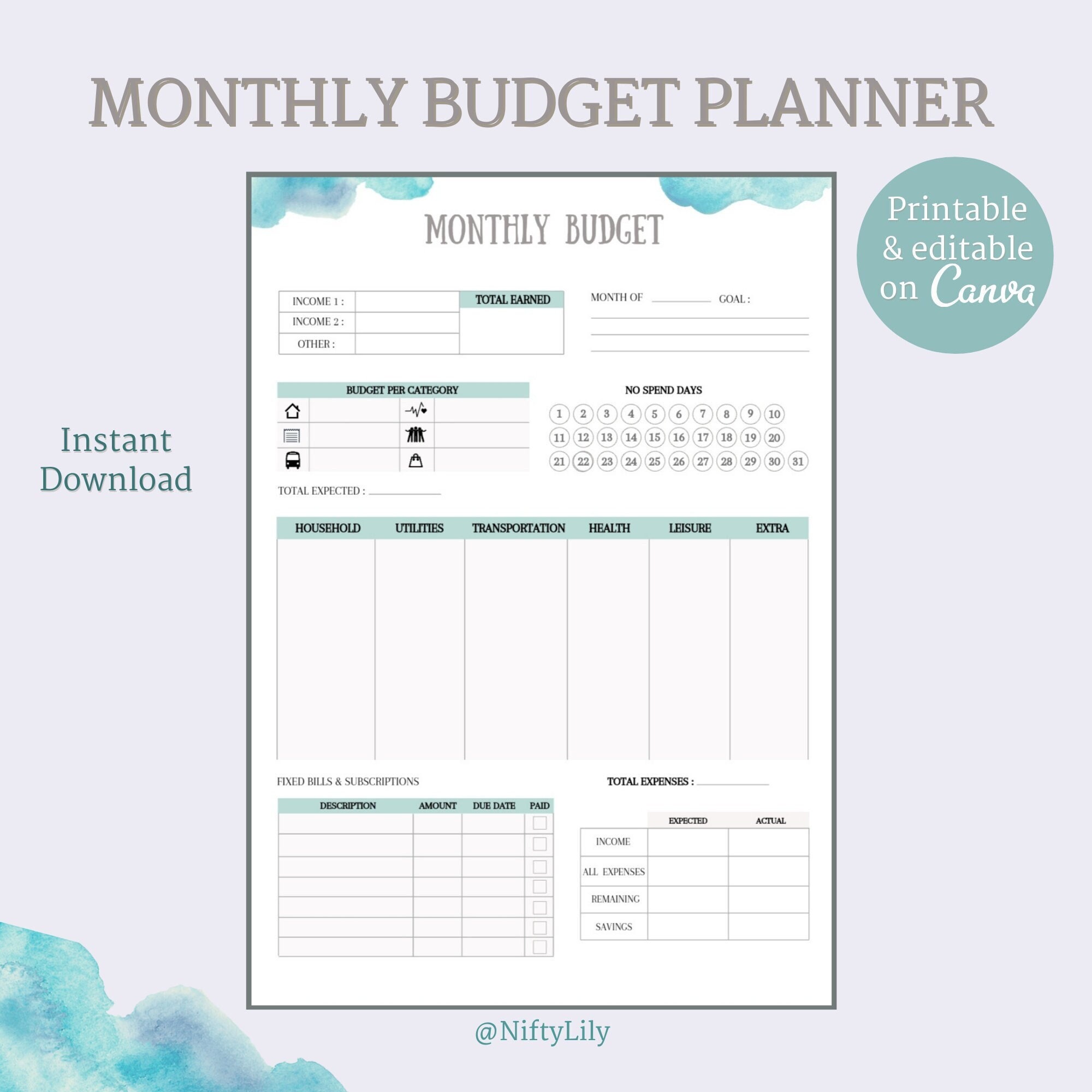Planejador de orçamento mensal - Planejador financeiro - Rastreador de despesas - Planejamento financeiro - Planejador editável - Planejador para impressão - Canva -Arquivo PDF - A4