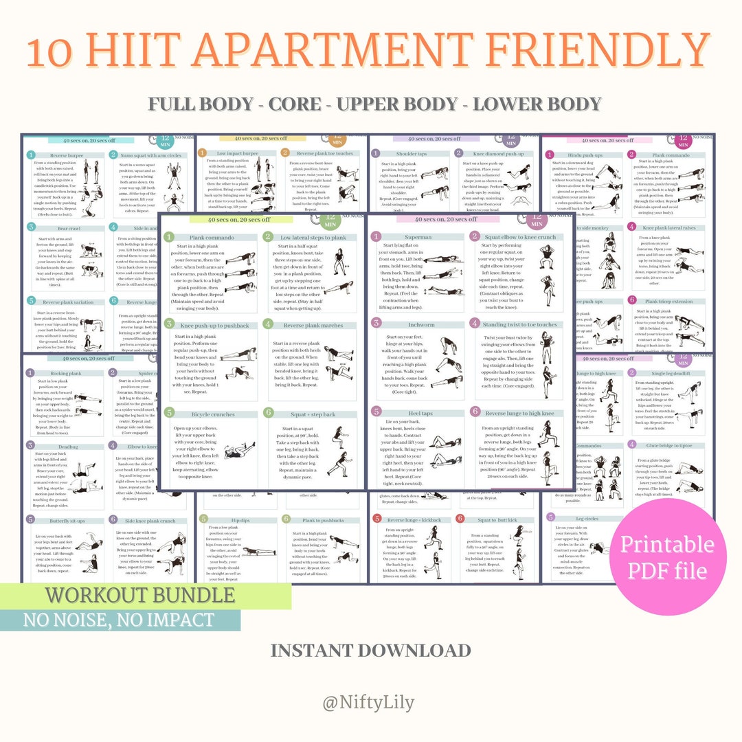 HIIT Apartment Friendly Workout Bundle Bodyweight Gym High Intensity  Interval Training Digital File PDF Printable Exercise 
