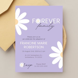 Szablon zaproszenia na ogłoszenie o adopcji | Oficjalne zaproszenie na uroczystość adopcyjną | Edytuj w Canva | Forever Family Lavender Flowers