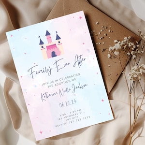 Zaproszenie na przyjęcie adopcyjne | Motyw zaproszenia Family Ever After | Możliwość edycji w Canva | Motyw bajkowy