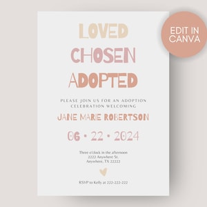 Loved Chosen Adopted Celebration Invite | Editable Adoption Foster Care Party Invitation Template | Edit in Canva, Easily Personalize