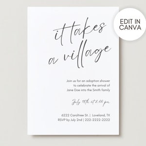 Adoption Shower or Foster Parent Shower Invitation Template | It Takes a Village Invite | Customizable in Canva | Modern Minimalist