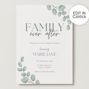Adoption Shower Celebration Invite | Family Ever After Invitation Theme | Editable in Canva | Modern Greenery