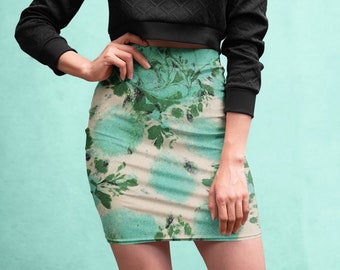 Mid-waist Green & Blue Floral Form Fitted Skirt | Tight Skirt | Above Knee Skirt | Comfy Dress Skirt | Formal Designer Skirt