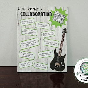 May include: A green and white poster with the text "How to be a Collaboration Rock Star" and a list of tips for working together effectively. The poster features a black electric guitar and a green star with the word "Rock" inside.
