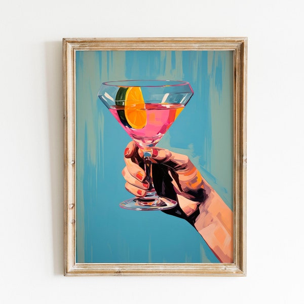 Martini Glass Poster Bar Art Print | Retro Cocktail Poster | Bar Cart Wall Art | Alcohol Prints Kitchen Decor | Digital Download