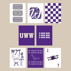 May include: A collection of cards and designs in purple, white, and gray. Includes a checkerboard pattern, a sparkling letter "W", and text that reads "see you in whitewater". Also features bow illustrations and Warhawks branding.